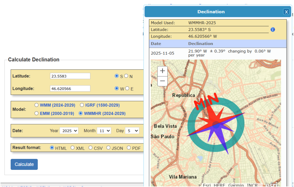Outro site muito útil é o da NOAA dos EUA. Nele você entra a coordenada exata e a data (sim a declinação muda com o tempo) e ele te retorna exatamente a declinação naquele momento e local. Clique abaixo