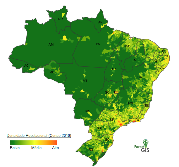 Densidade Populacional (IBGE Censo 2010) por Forest-GIS.com