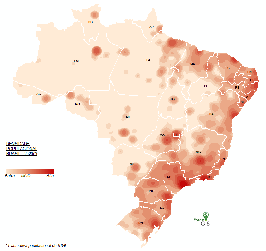 Densidade Populacional no Brasil em 2020 (Dados: Est. Pop IBGE)