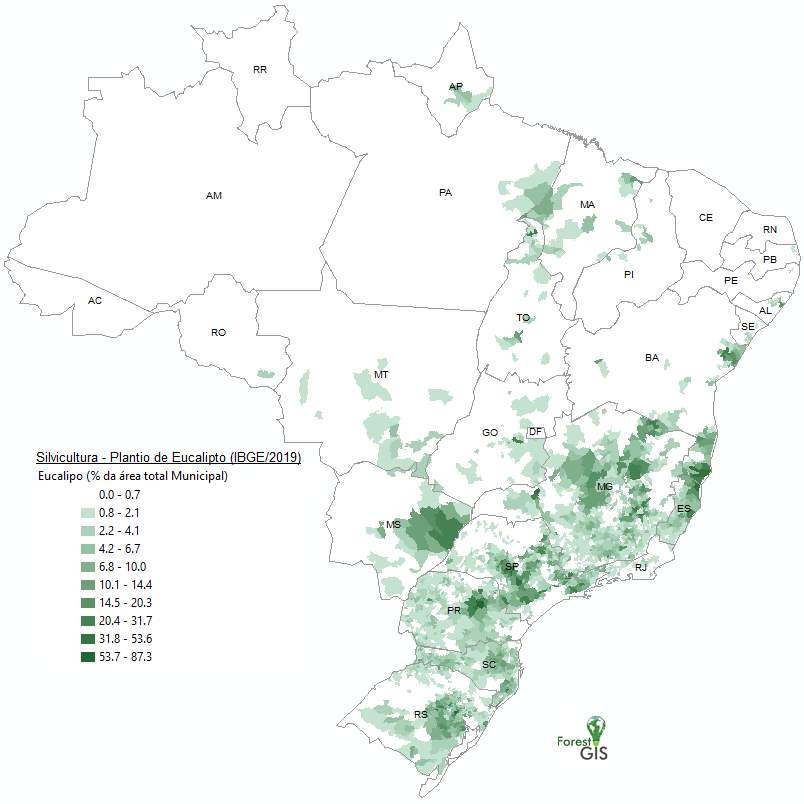 Área plantada com Eucalyptus no Brasil em 2019, Porcentagem da área municipal.