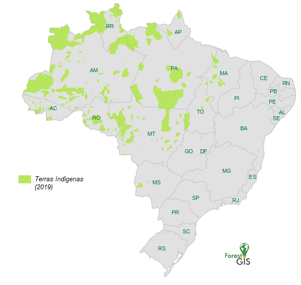 Terras Indígenas no Brasil (12,2% do Território) – IBGE 2019
