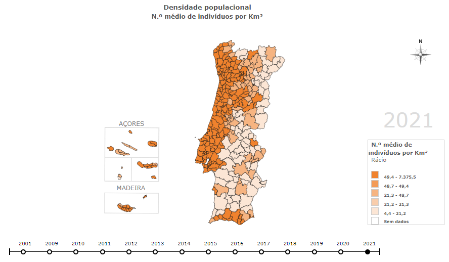 Densidade populacional Portugal
N.º médio de indivíduos por Km²