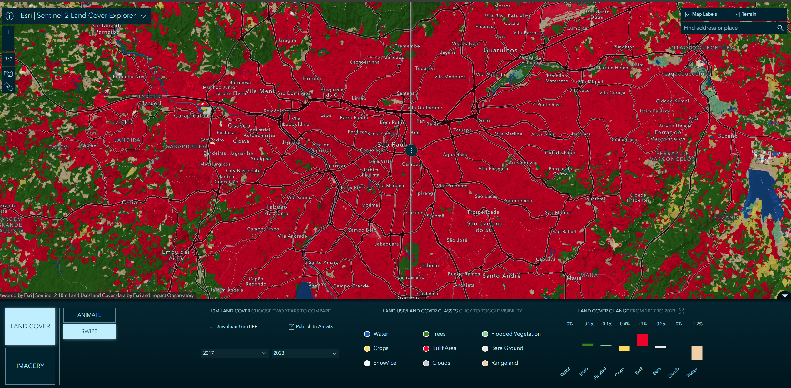 2017-2023: ESRI atualiza o mapa global de cobertura do solo em 10-m de resolução