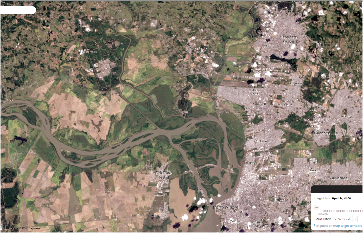 A cobertura de nuvens finalmente retrocedeu ontem (6 de maio) no RS e o Sentinel-2 bem como o Landsat 8 conseguiram capturar algumas imagens assustadoras do nível das inundações históricas que afetaram o RS em Maio de 2024. Abaixo vemos a capital Porto Alegre em alguns recortes que mostram o nível de devastação: