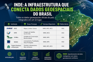 A INDE centraliza os principais dados geoespaciais oficiais do Brasil em um único catálogo, reunindo serviços de órgãos federais, estaduais e municipais. Os dados são disponibilizados em padrões abertos como WMS, WFS e WCS, permitindo uso direto em ferramentas GIS e aplicações web. O levantamento inclui endpoints de instituições como IBGE, INPE, ICMBio, IBAMA e outras, cobrindo temas como meio ambiente, infraestrutura e planejamento territorial. É uma infraestrutura essencial para integração e análise de dados espaciais no país.