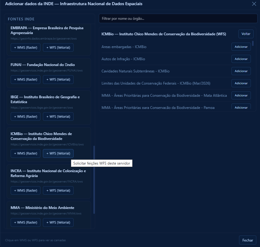 Basta clicar em WFS Vetorial e o sistema busca todos os layers disponíveis, Então basca clicar em adicionar para colocar no mapa.